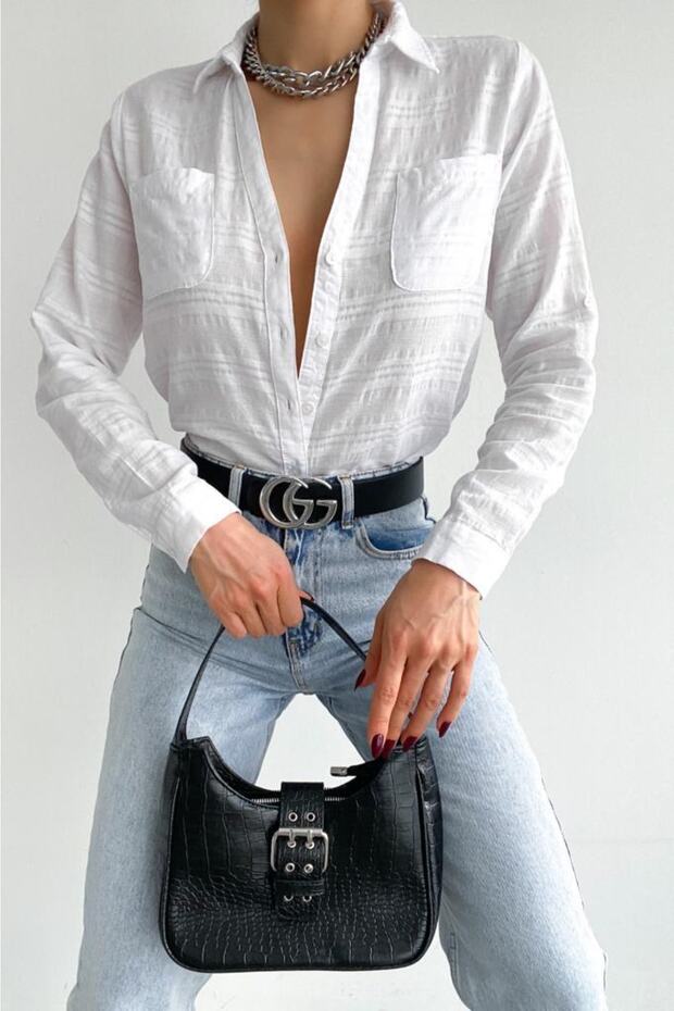 Kadın V Yaka Çift Cepli Katlanır Kol Slim Fit Kalıp Gömlek - 4