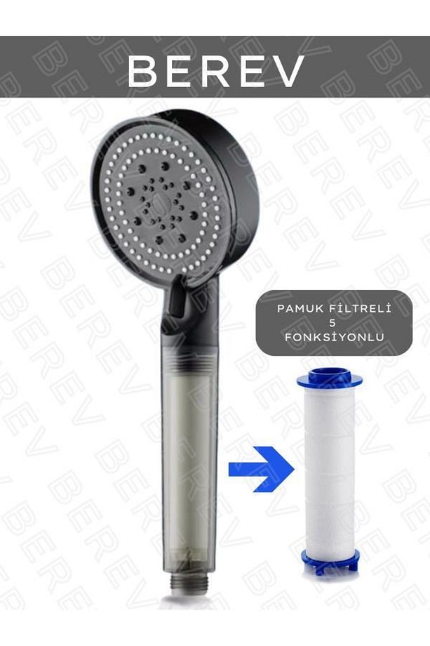 Filtreli 5 Fonksiyonlu Yüksek Basınçlı Ayarlanabilir Duş Başlığı 150 Cm Siyah Hortum Mafsallı Set - 2