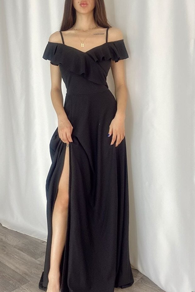 Crepe Fabric Thin Straps Slit V-Neck Long Black Dress 582190