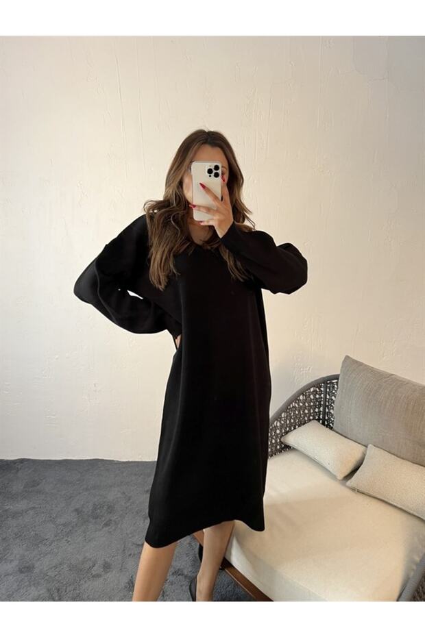 Triko V Yaka Elbise Siyah - 3