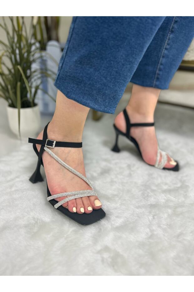 Black Crepe Satin Three Stone Heeled Shoes