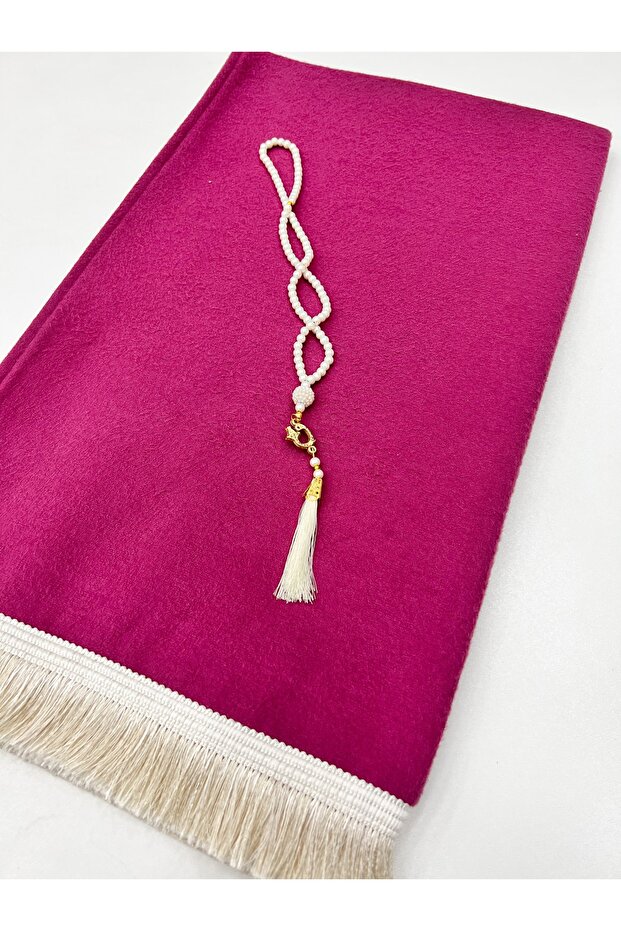 Luxury Velvet Woven Dowry Gift Fringed Prayer Rug with Pearl Prayer Beads Gift