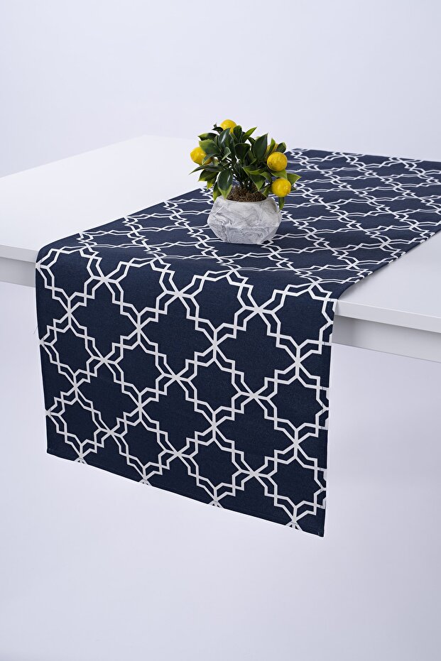 Linen Runner Stain Resistant Fabric Mosaic Navy Blue 40x140