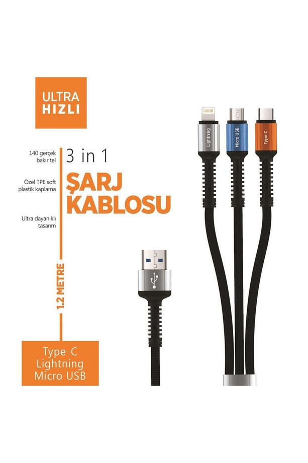 Psm13 3 Çıkışlı 1 Metre Hızlı Şarj Kablosu - 4