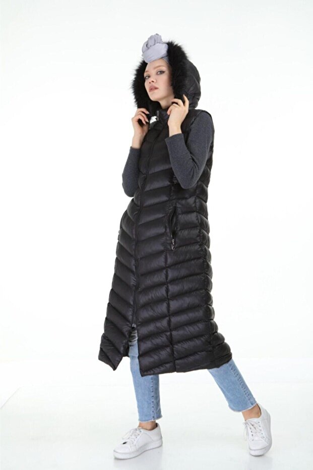 Kadın Uzun Kapuşonlu Basıc Şişme Yelek - 5