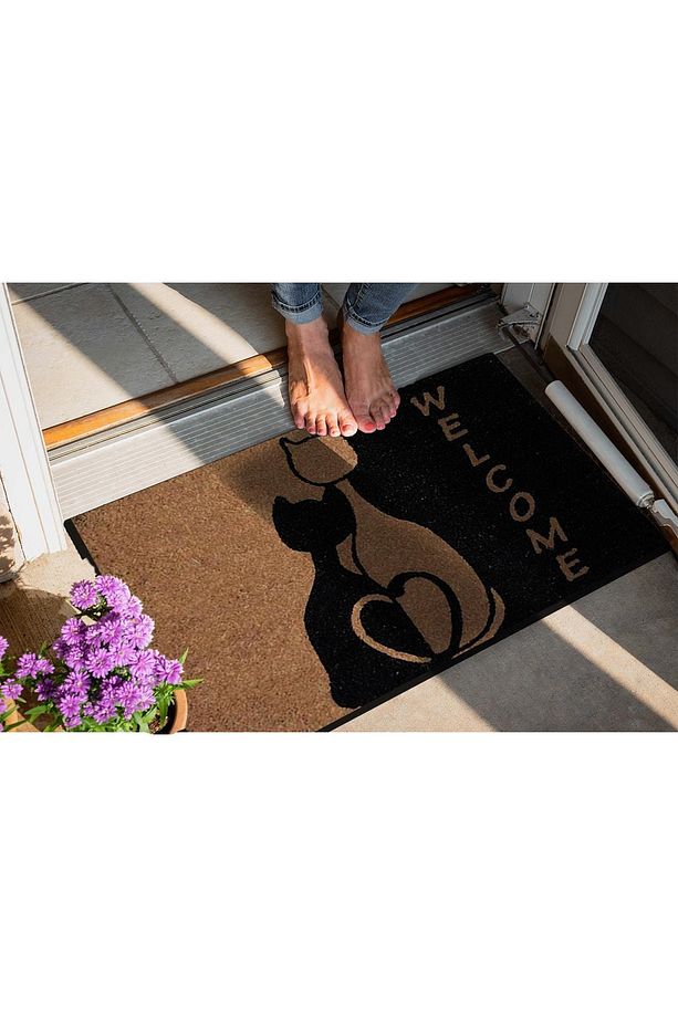 Siyah Dekoratif  Welcome Çift Kedi Kapı Önü Paspası - 2