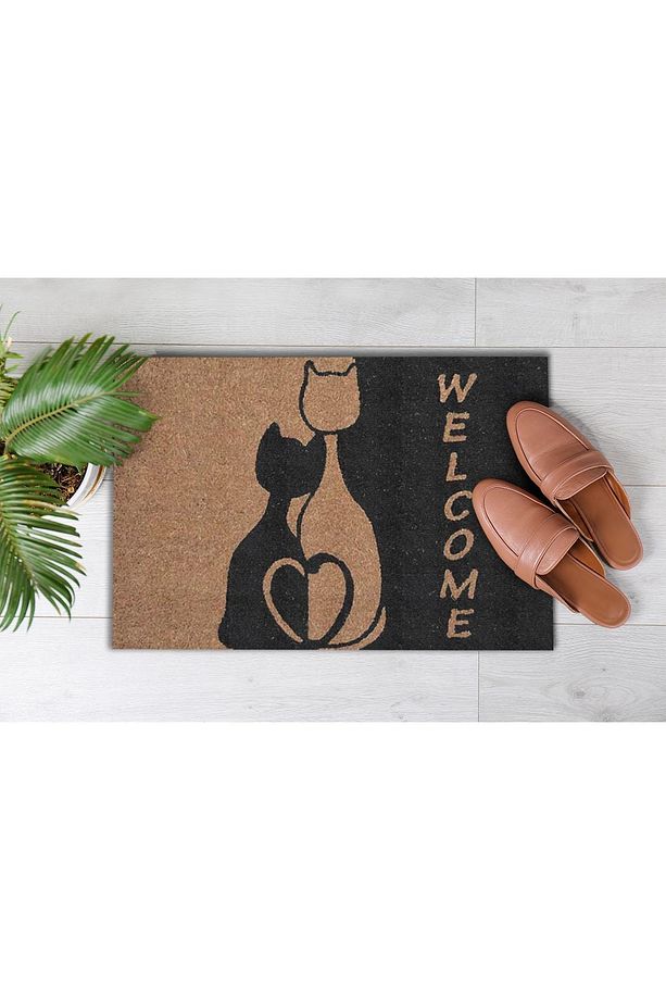 Siyah Dekoratif  Welcome Çift Kedi Kapı Önü Paspası - 3