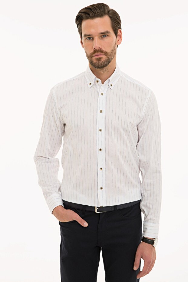 White Slim Fit Shirt with Beige Detail