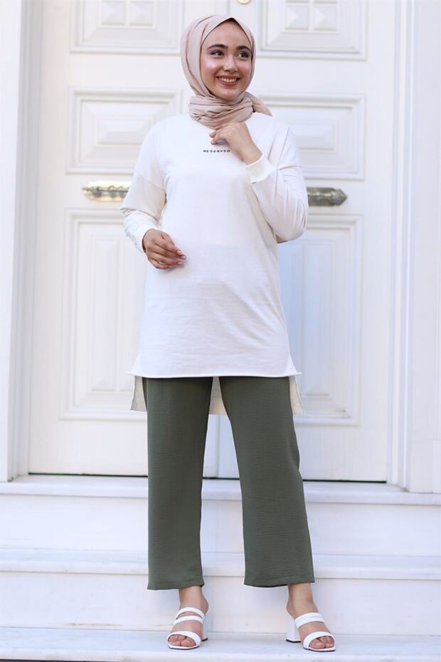 Huban Moda Women's Khaki Elastic Waist Wide Leg Loose Summer Trousers Aerobin-865829 Aerobin-865829