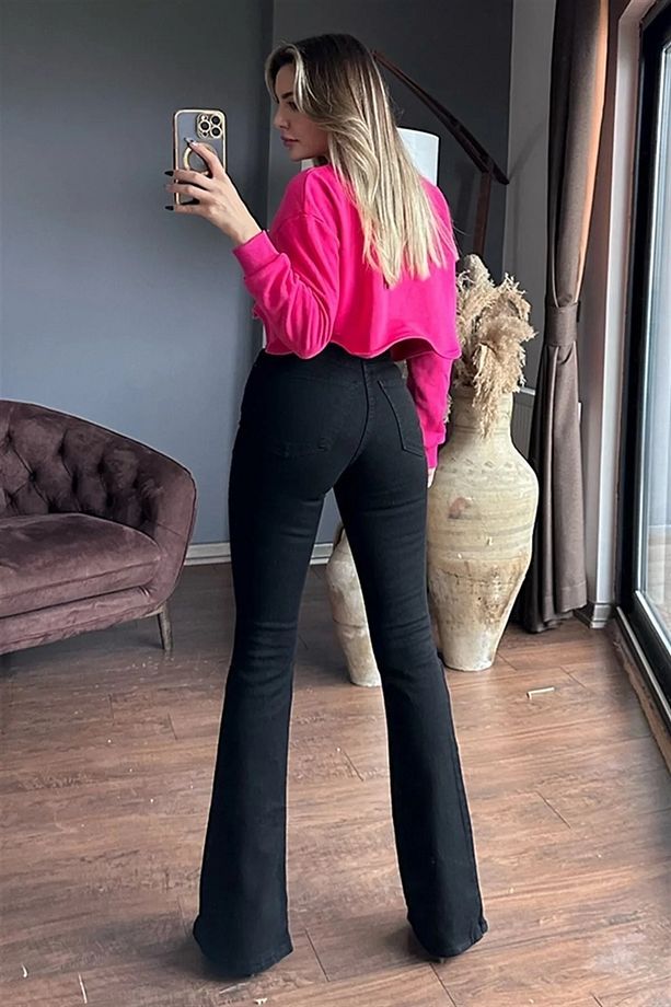 Eva Ispanyol Paça Siyah Flare Süper Yüksek Bel Kadın Jeans Pantolon - 2