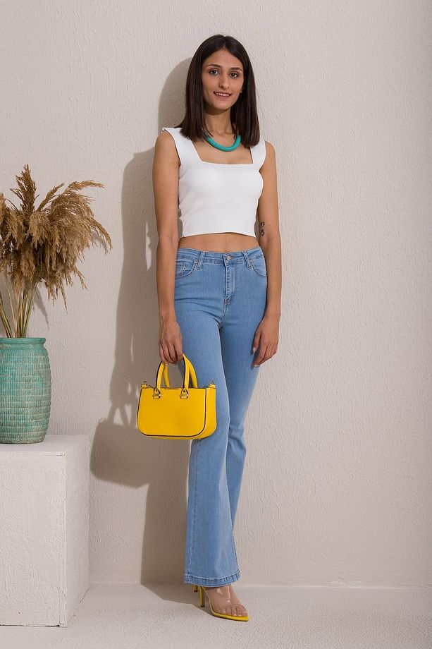 Eva Ispanyol Paça Açık Mavi Flare Süper Yüksek Bel Kadın Jeans Pantolon - 2