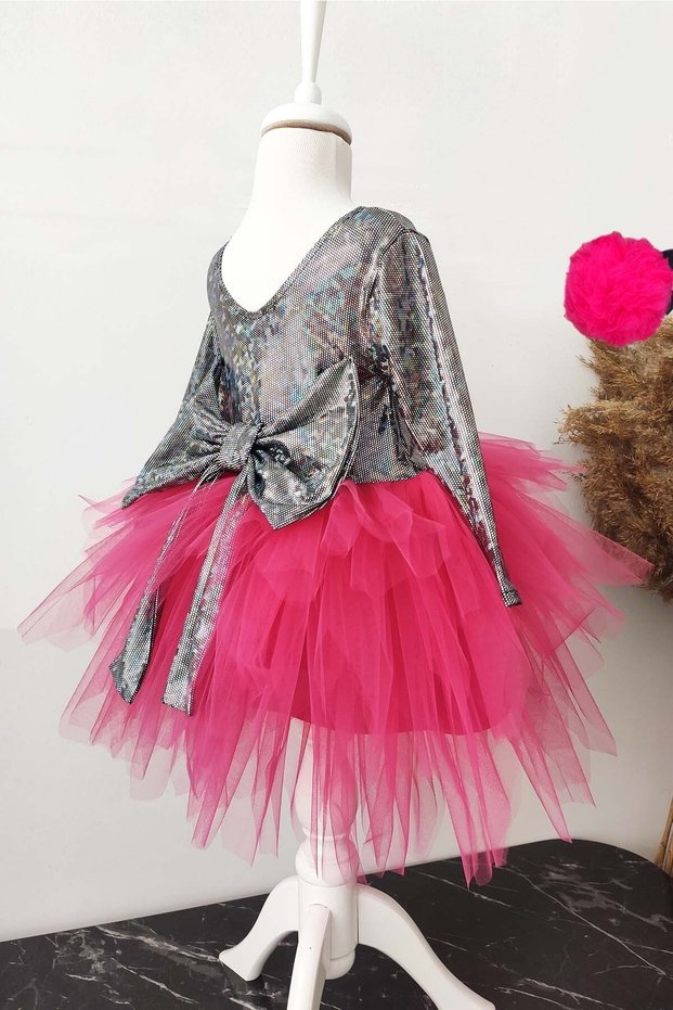 Girl's Fuchsia Hologam Tulle Dress, Long Sleeve Fuchsia Hologam Birthday Dress, Bandana