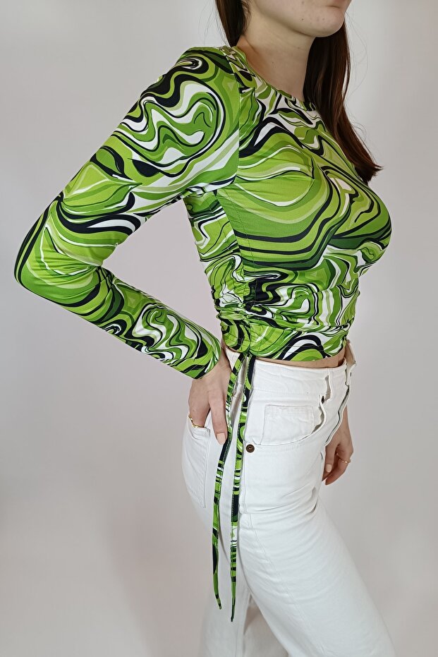 Green Crew Neck Gathered Blouse