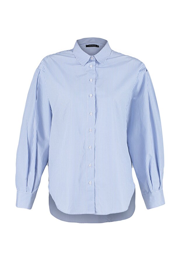 Mavi Çizgili Oversize/Geniş Kalıp Dokuma Gömlek TWOSS23GO00144 - 11
