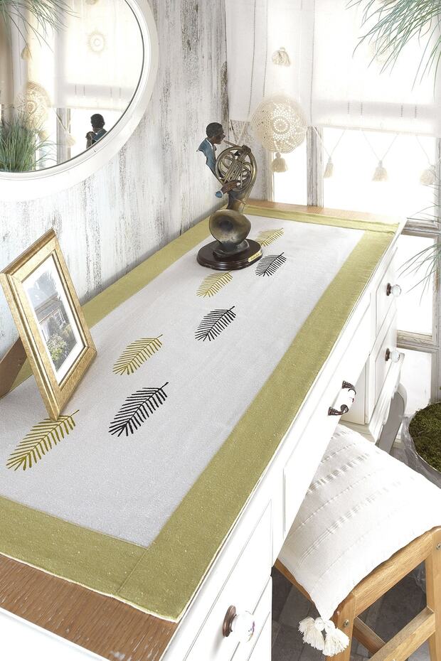 Buldan Fabric Bordered Stone Printed Leaf Pattern Runner - 1