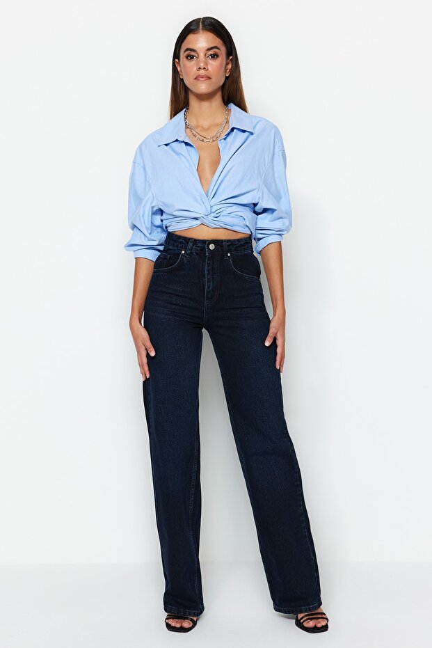 Gece Mavisi Yüksek Bel Wide Leg Geniş Paça %100 Pamuk Non-Stretch Jeans TWOSS23JE00083 - 3