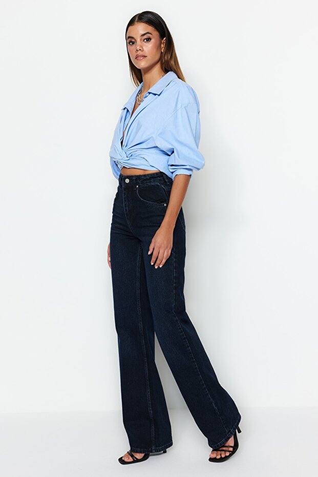Gece Mavisi Yüksek Bel Wide Leg Geniş Paça %100 Pamuk Non-Stretch Jeans TWOSS23JE00083 - 4