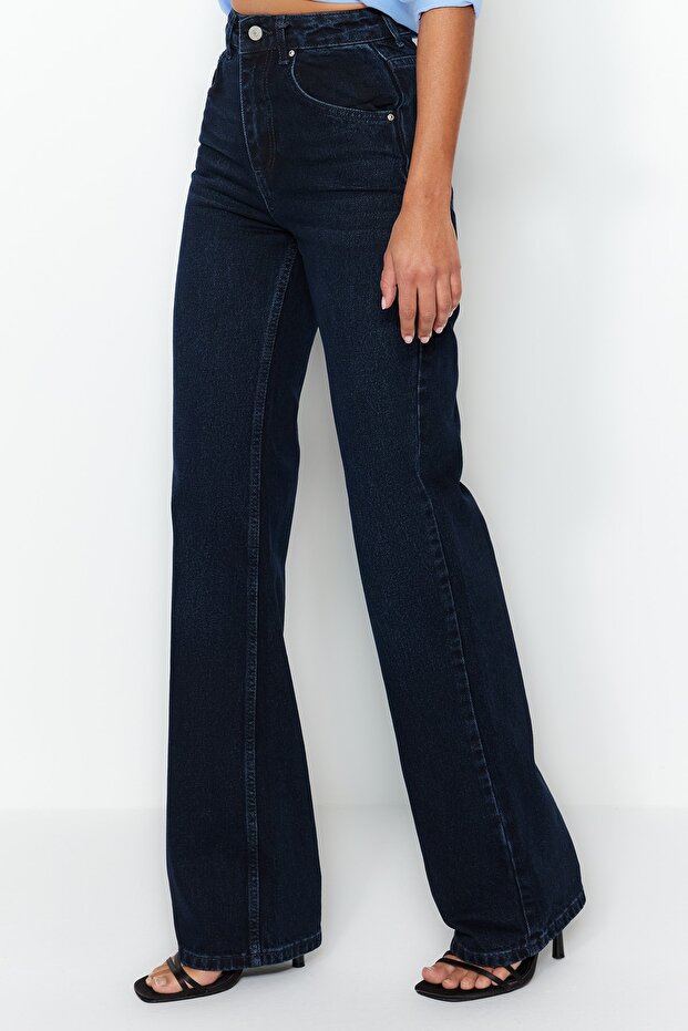 Gece Mavisi Yüksek Bel Wide Leg Geniş Paça %100 Pamuk Non-Stretch Jeans TWOSS23JE00083 - 5