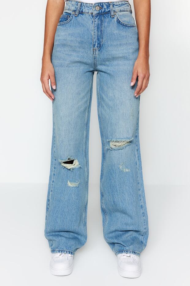 Blugi albaștri vintage cu efect uzat, detalii rupte, talie joasă și croi larg pe picior TWOSS23JE00102 - 5