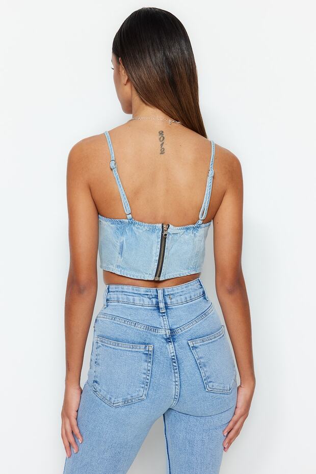 Mavi Kuş Gözü Bağlama Detaylı Kalp Yaka Fitted Crop Denim Büstiyer TWOSS23BS00010 - 6