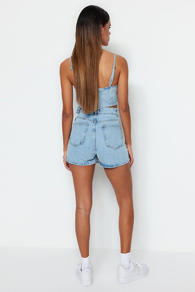 Açık Mavi Yırtmaçlı Denim Şort Etek TWOSS23SR00091 - 10