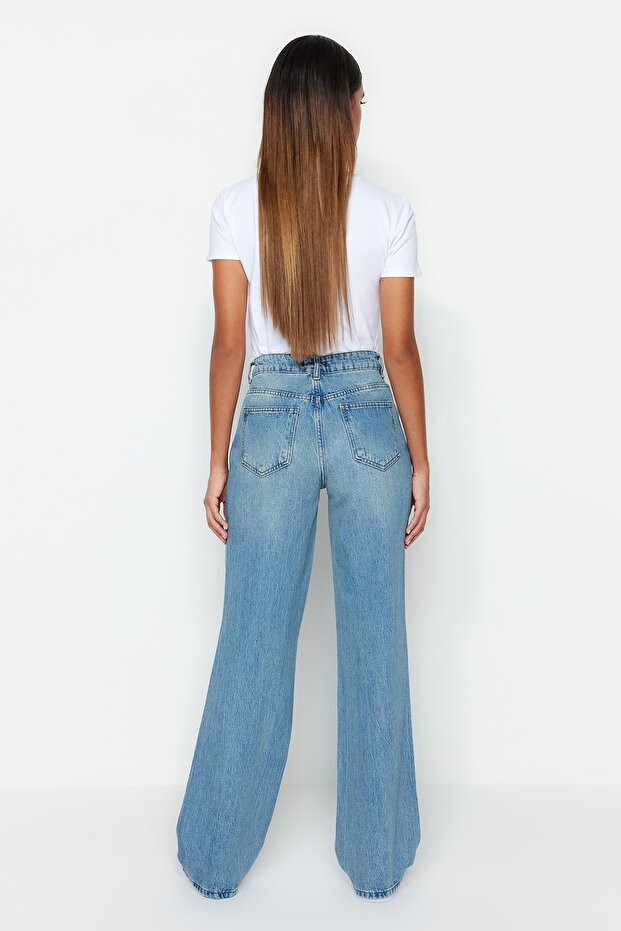 Blugi albaștri vintage cu efect uzat, detalii rupte, talie joasă și croi larg pe picior TWOSS23JE00102 - 6