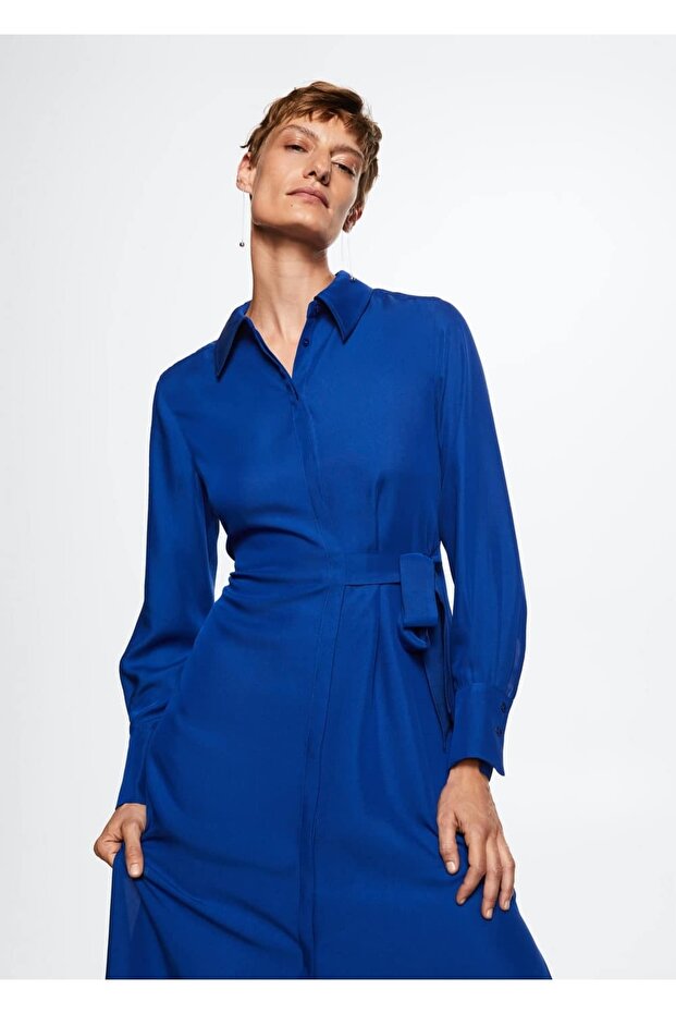 Dökümlü Bağ Detaylı Elbise - 6