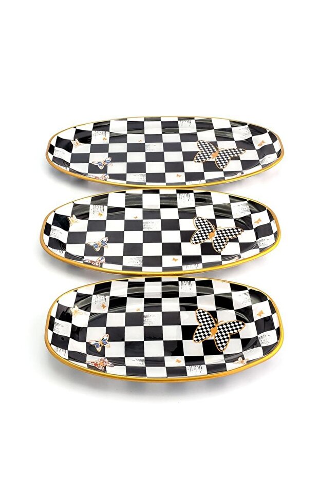 Damalı Oval Kayık Tabak 3 Lü - 4