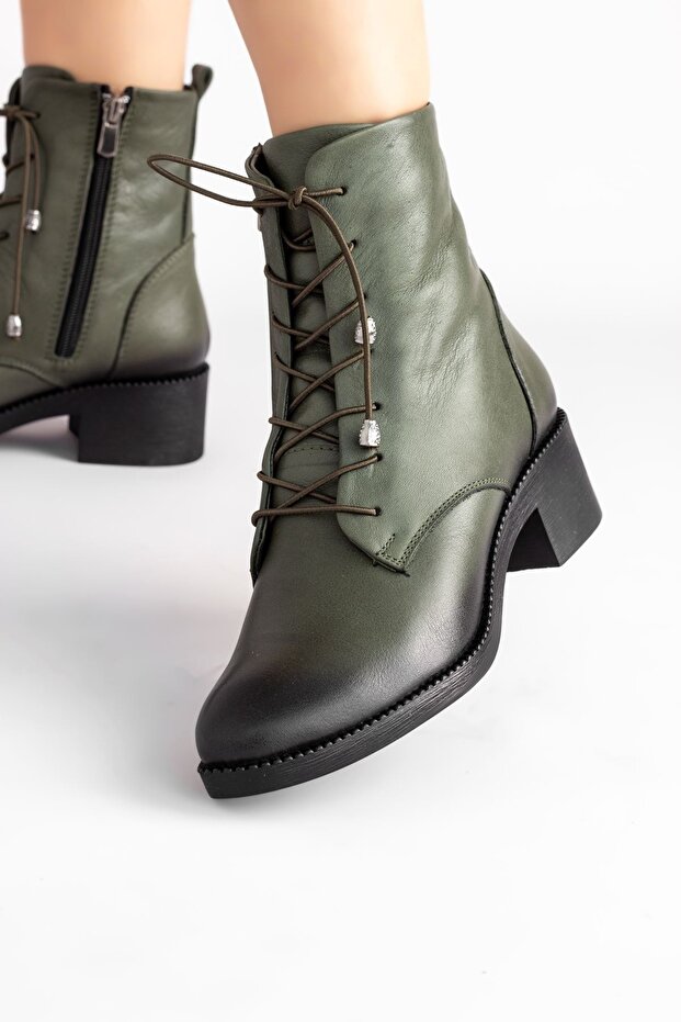 Angle Women's Genuine Leather Boots, Real Leather Boots-khaki