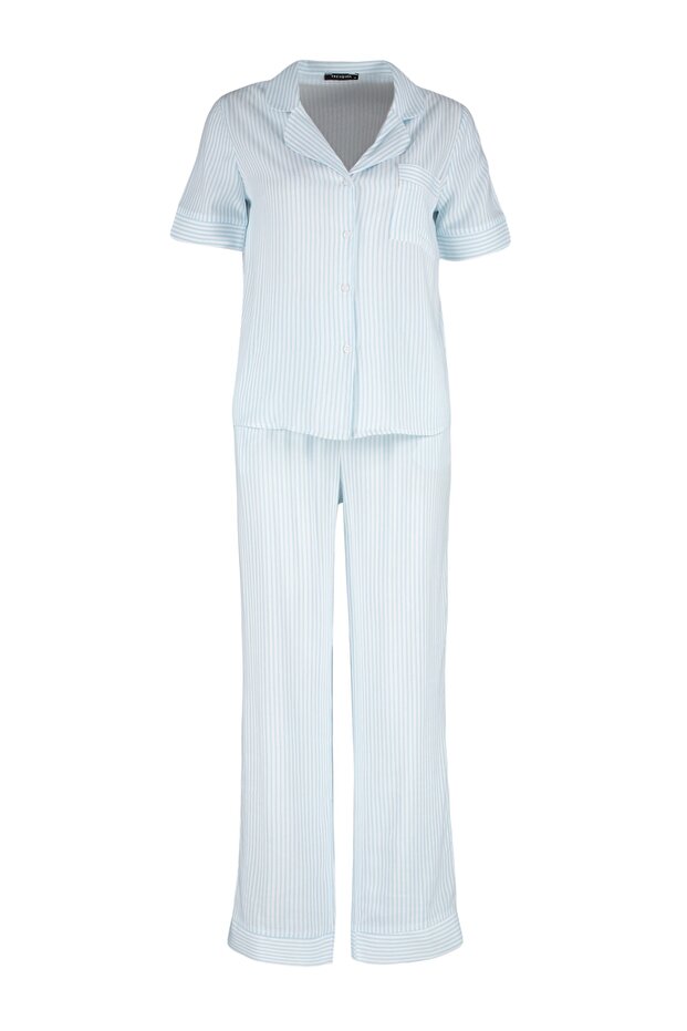 Mavi Çizgili Viskon Gömlek-Pantolon Dokuma Pijama Takımı THMSS21PT0159 - 7