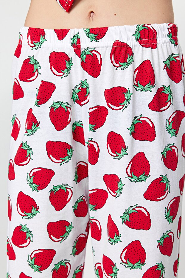 Beyaz Çilek Desenli Biyeli Uyku Bantlı Örme Pijama Takımı THMSS21PT0784 - 5