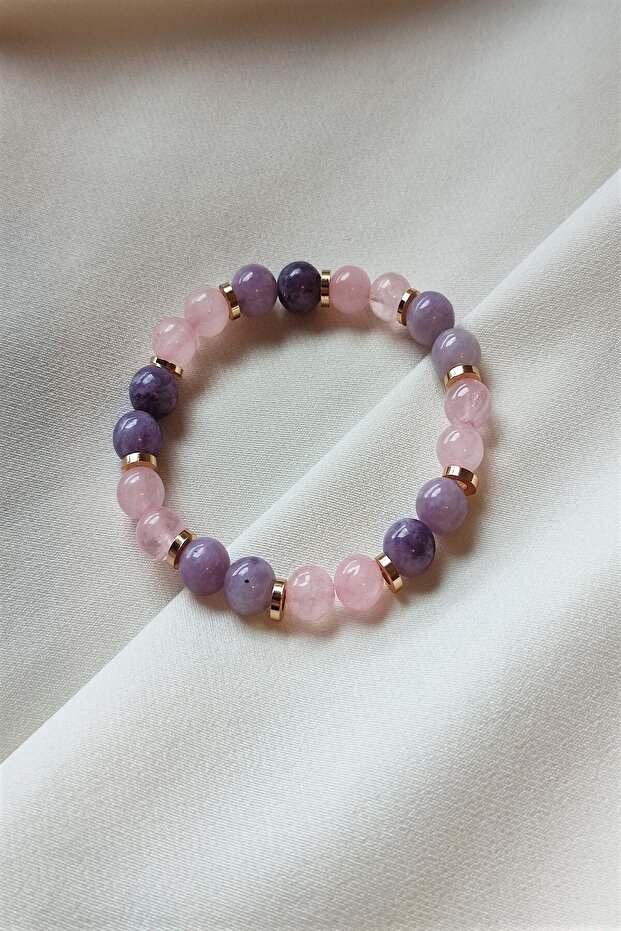 سوار Lepidolite المعتمد من حجر الكوارتز الوردي الطبيعي