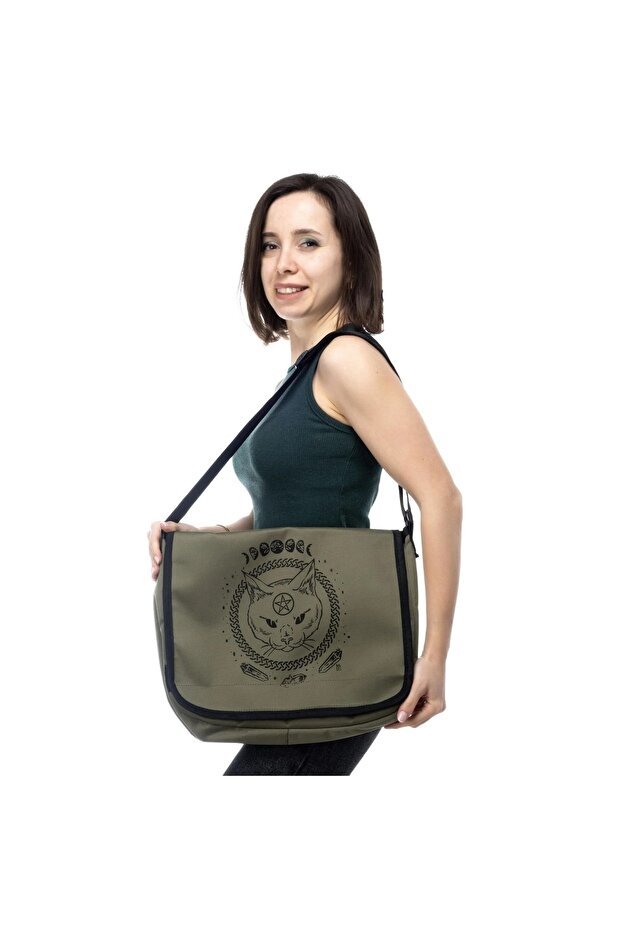 Gothic Printed , Spacious Dark Green Messenger Bag