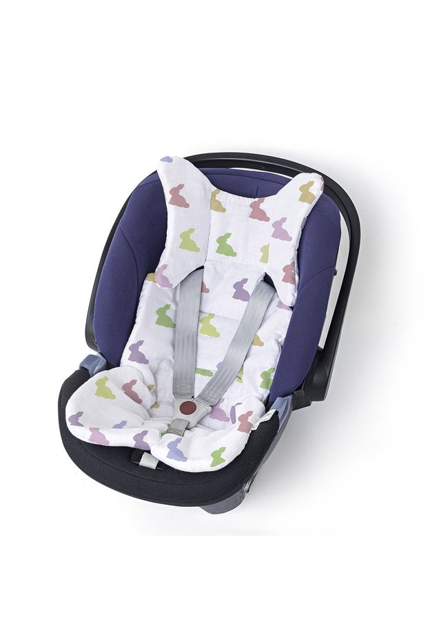 Rainbow Lapin - 100% Cotton Muslin Stroller and Car Seat Cushion, Multicolored Rabbits
