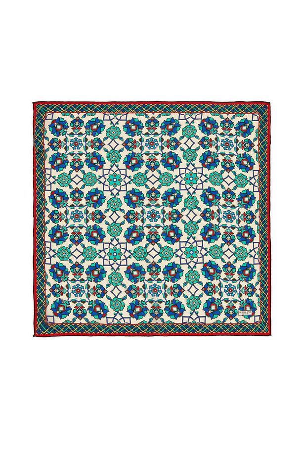 Ekru Yeşil Motif Desen Ipek Mendil - 1