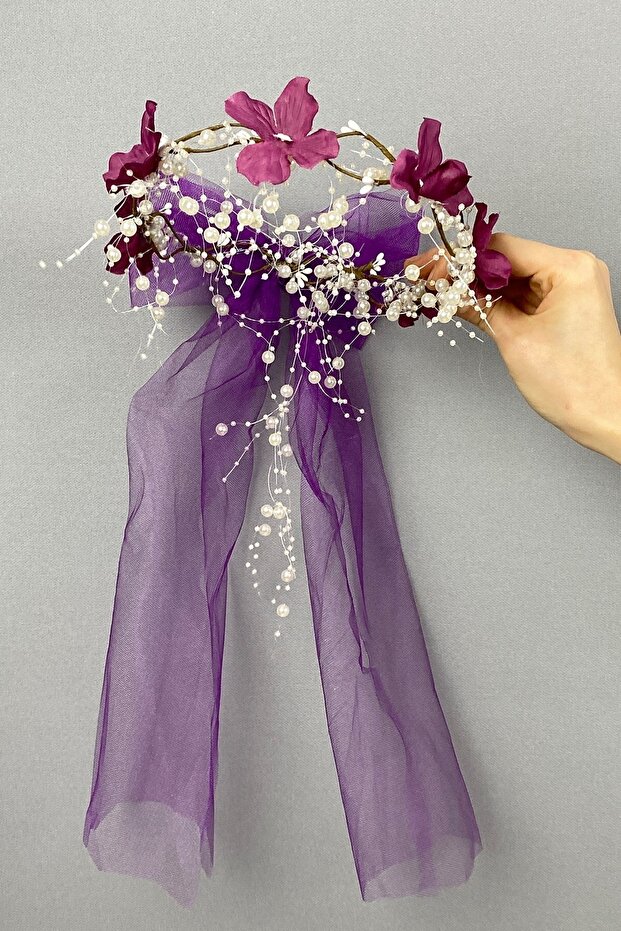 Special Design Bridal Henna with External Shooting Crown Purple Tulle Bow Hydrangea Flower – Headband, Stylish Design