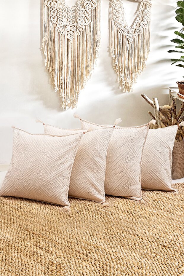 4-Piece Handmade Natural Buldan Cloth Authentic Organic Cotton Tasseled Throw Pillow Cover