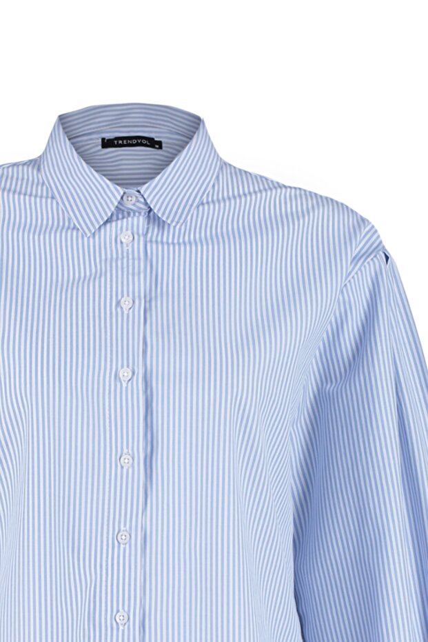 Mavi Çizgili Oversize/Geniş Kalıp Dokuma Gömlek TWOSS23GO00144 - 12