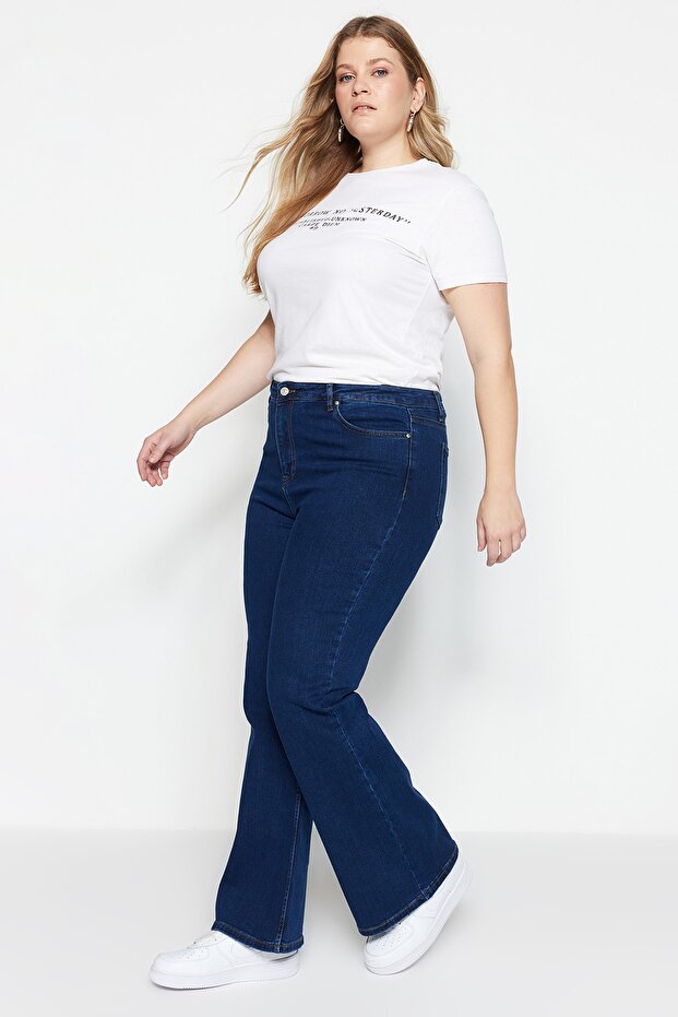 İndigo Yüksek Bel Esnek Kumaş İspanyol Paça Flare Fit Büyük Beden Jeans TBBAW23JE00001 - 7