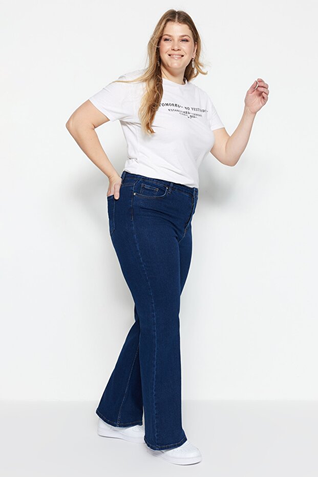 İndigo Yüksek Bel Esnek Kumaş İspanyol Paça Flare Fit Büyük Beden Jeans TBBAW23JE00001 - 8