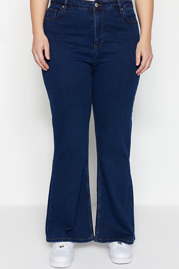 İndigo Yüksek Bel Esnek Kumaş İspanyol Paça Flare Fit Büyük Beden Jeans TBBAW23JE00001 - 5