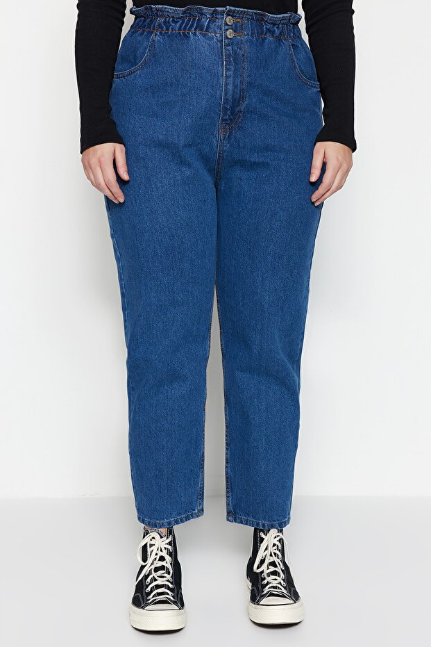 Mavi Yüksek Bel Beli Lastikli %100 Non-Stretch Pamuk Büyük Beden Mom Jeans TBBAW23JE00002 - 21