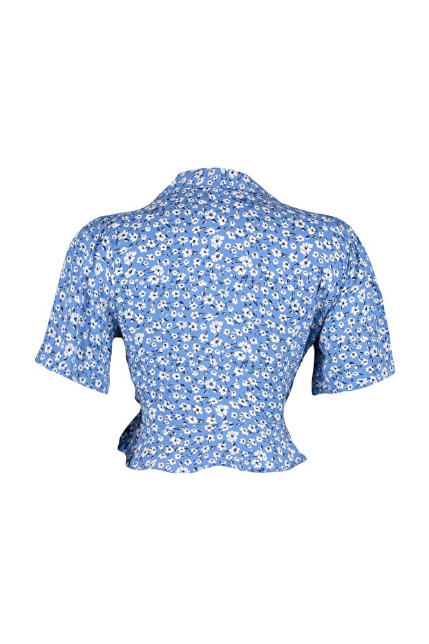 Mavi Bağlama Detaylı Çiçek Desenli Crop Dokuma Bluz TWOSS23BZ00226 - 8