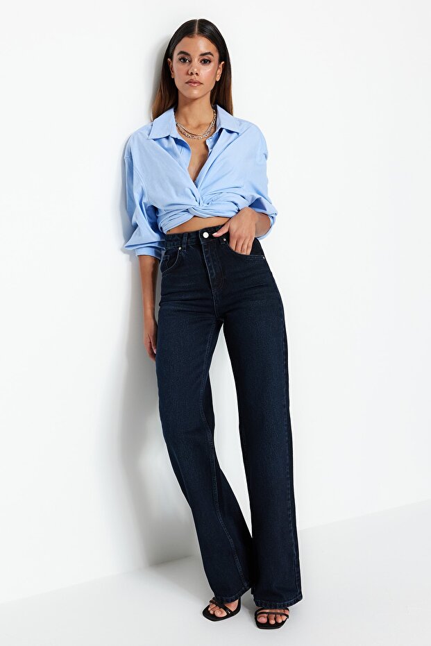 Gece Mavisi Yüksek Bel Wide Leg Geniş Paça %100 Pamuk Non-Stretch Jeans TWOSS23JE00083 - 2