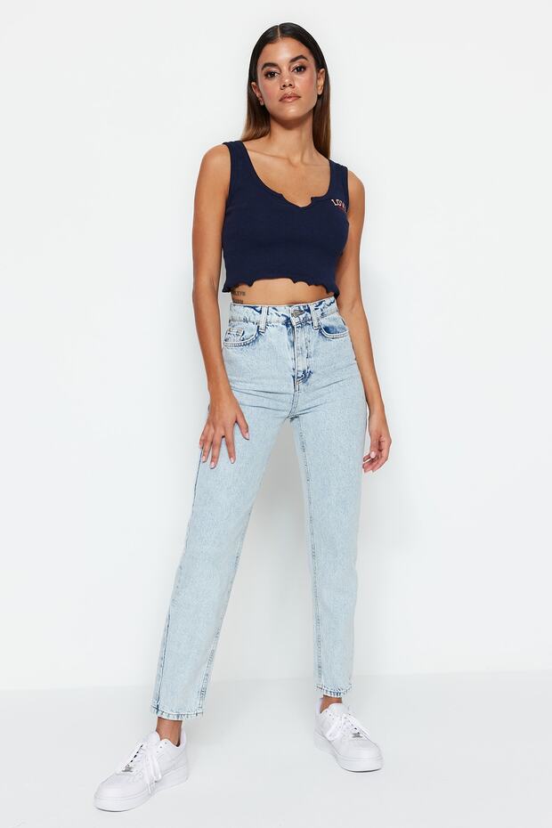 Açık Mavi Yüksek Bel Mom %100 Pamuk Non-Stretch Jeans TWOSS23JE00085 - 8