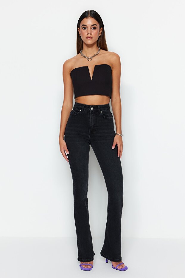 More Sustainable Siyah Yüksek Bel Orta Esnek Flare İspanyol Paça Jeans TWOSS23JE00063 - 5