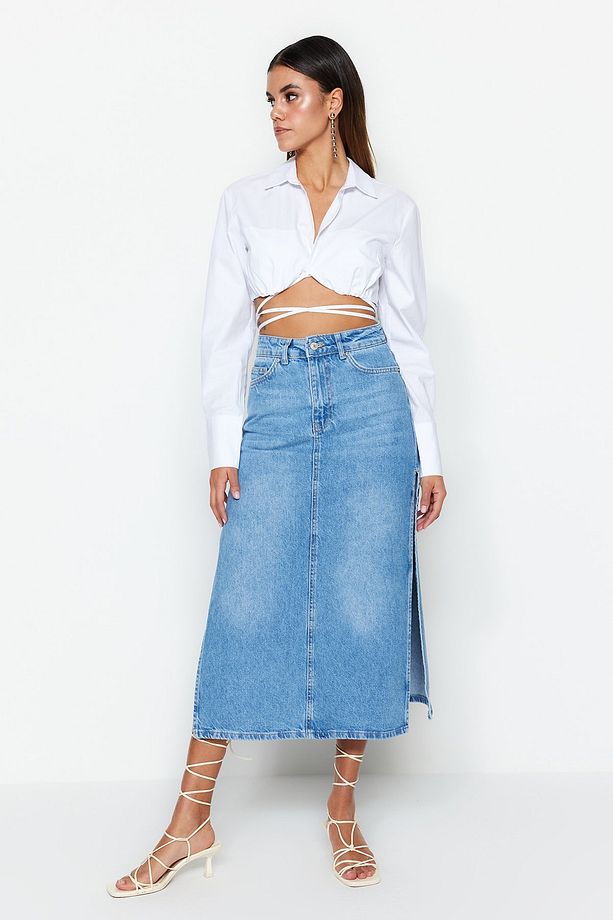 Açık Mavi Yırtmaçlı Yüksek Bel  Maxi Denim Etek TWOSS23ET00109 - 2
