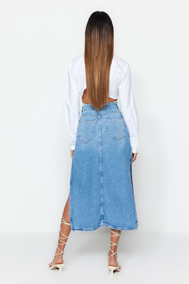 Açık Mavi Yırtmaçlı Yüksek Bel  Maxi Denim Etek TWOSS23ET00109 - 5