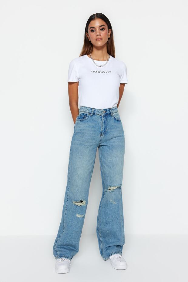 Blugi albaștri vintage cu efect uzat, detalii rupte, talie joasă și croi larg pe picior TWOSS23JE00102 - 2