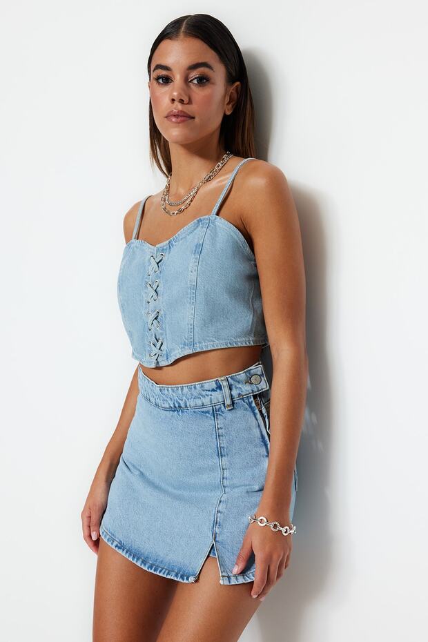 Açık Mavi Yırtmaçlı Denim Şort Etek TWOSS23SR00091 - 5